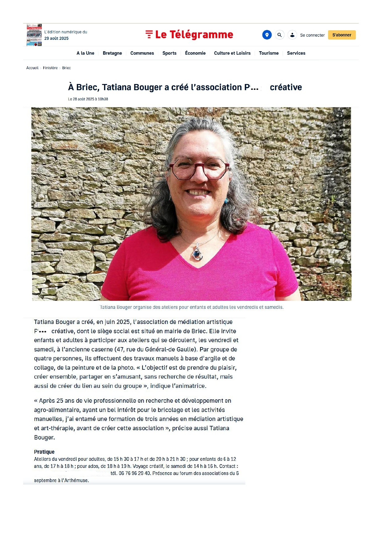 Article Télégramme Association P. Créative